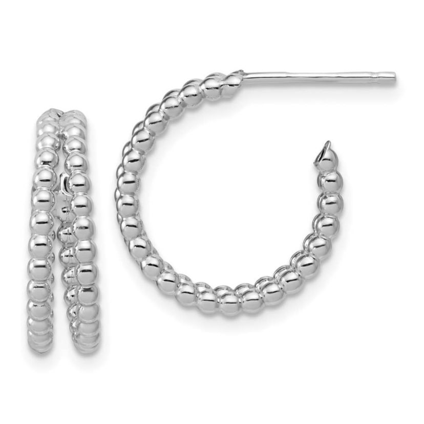 Sterling Silver Rhodium-plated Polished Beaded J-Hoop Earrings