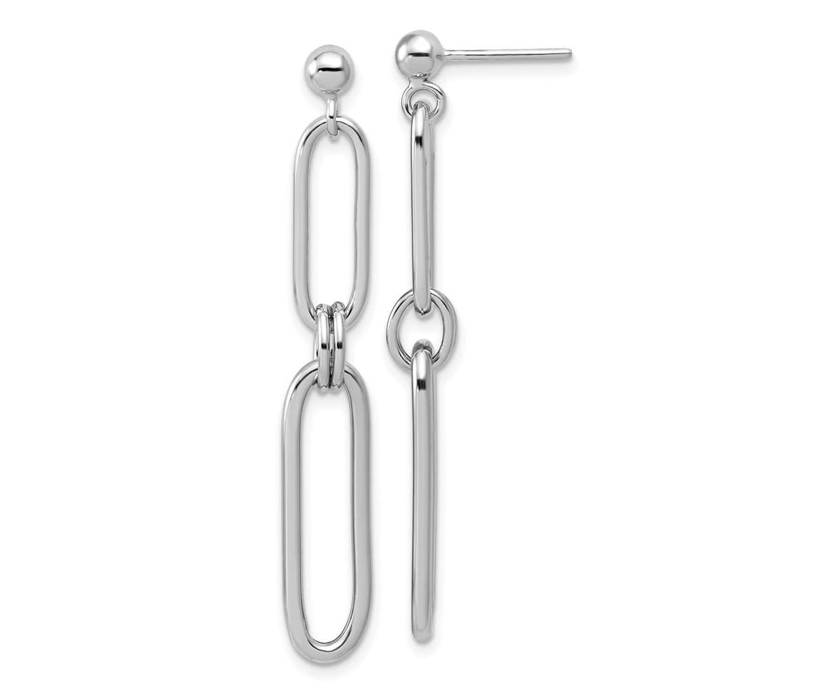 Sterling Silver Rhodium-plated Polish Paperclip Link Dangle Post Earrings