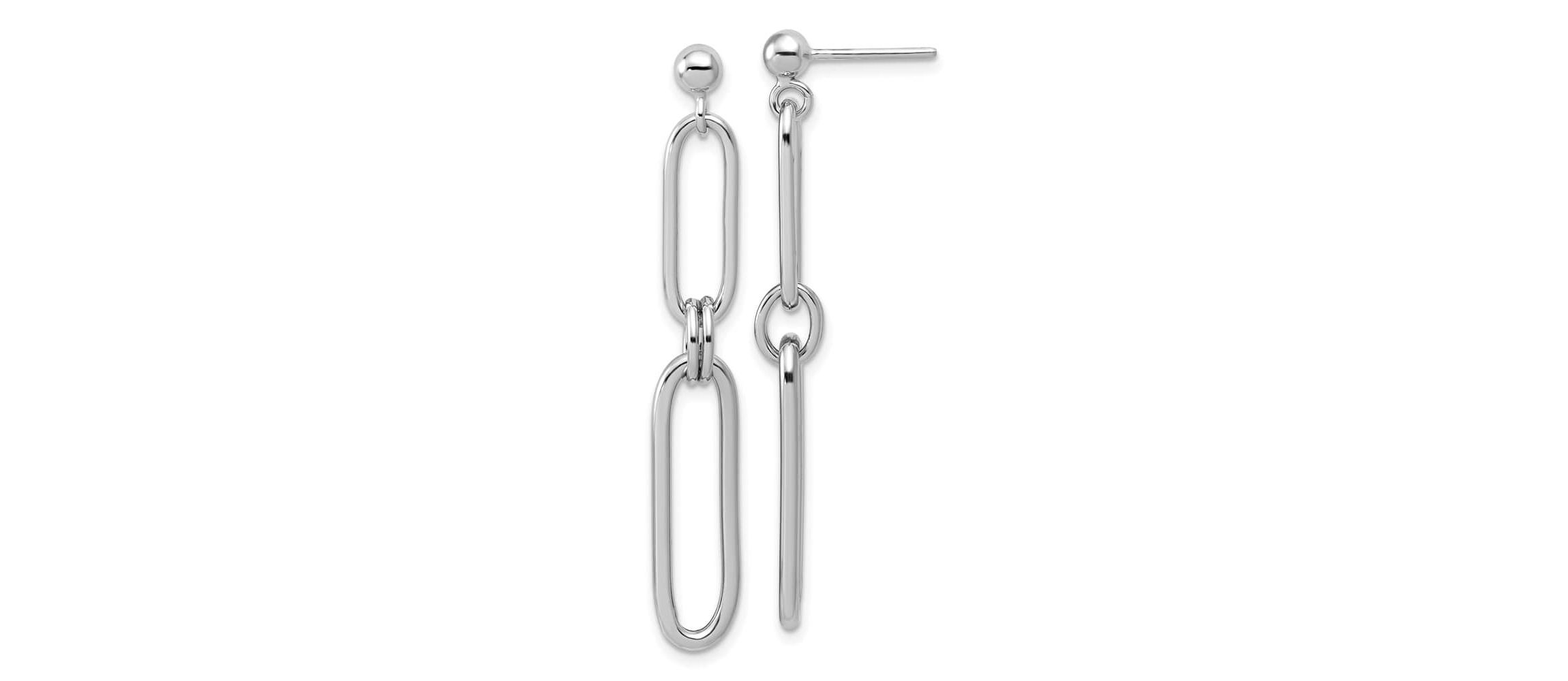 Sterling Silver Rhodium-plated Polish Paperclip Link Dangle Post Earrings
