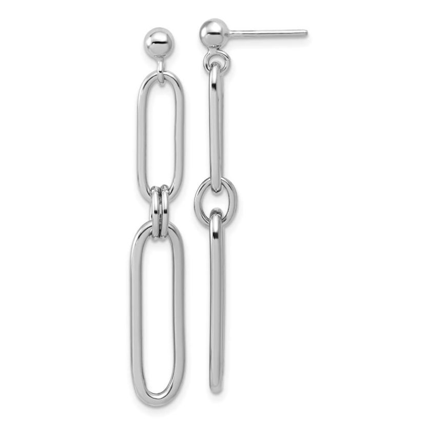 Sterling Silver Rhodium-plated Polish Paperclip Link Dangle Post Earrings