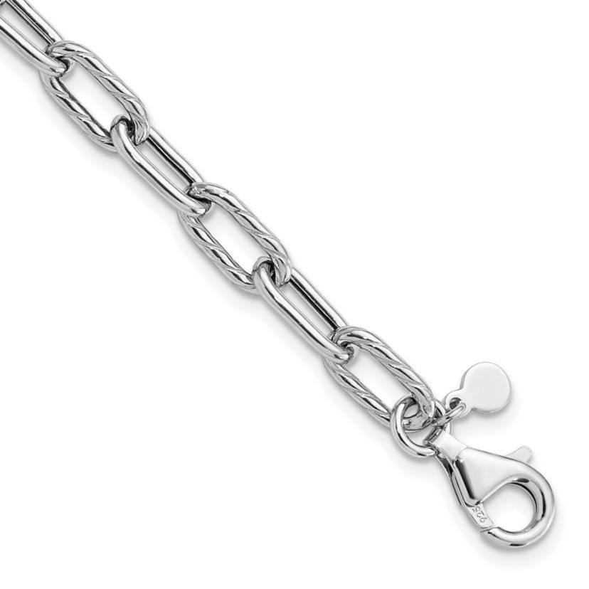 Sterling Silver Rhodium-plated Polished and Textured with 1 Inch Extension Link Bracelet
