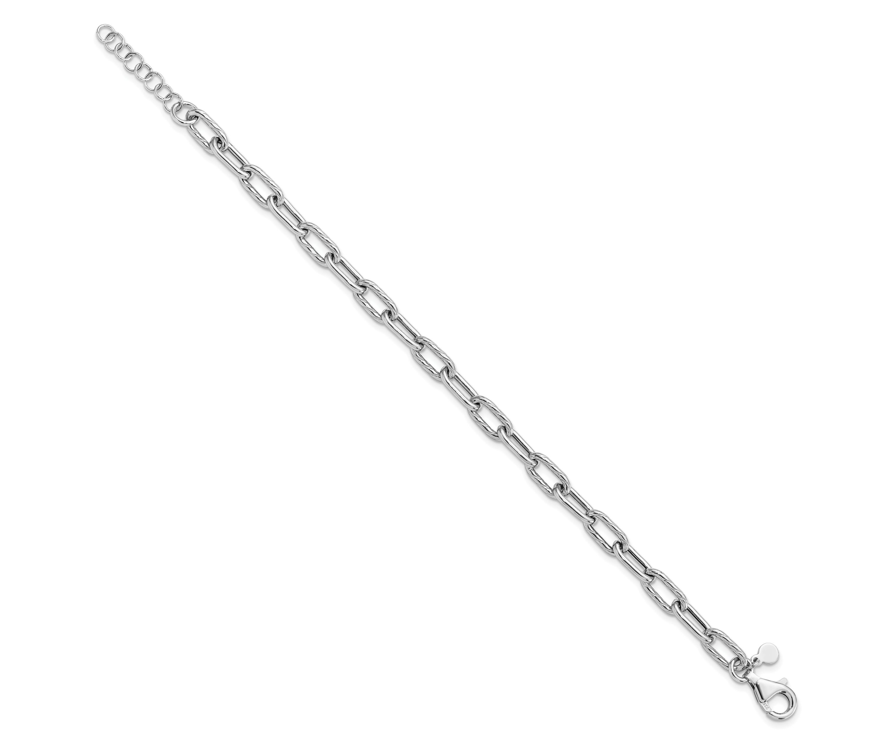 Sterling Silver Rhodium-plated Polished and Textured with 1 Inch Extension Link Bracelet