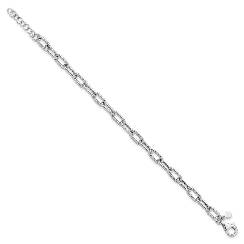 Sterling Silver Rhodium-plated Polished and Textured with 1 Inch Extension Link Bracelet