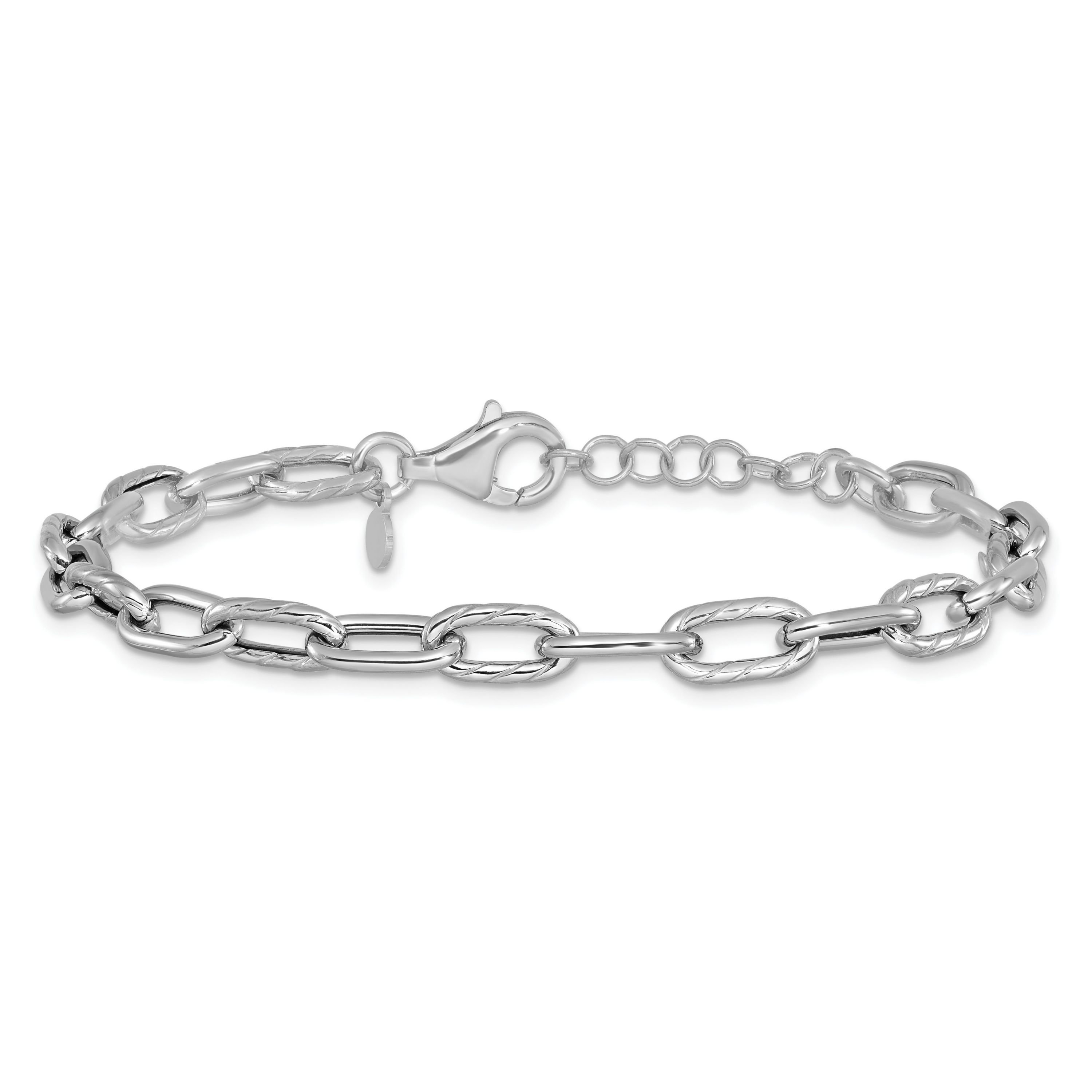 Sterling Silver Rhodium-plated Polished and Textured with 1 Inch Extension Link Bracelet