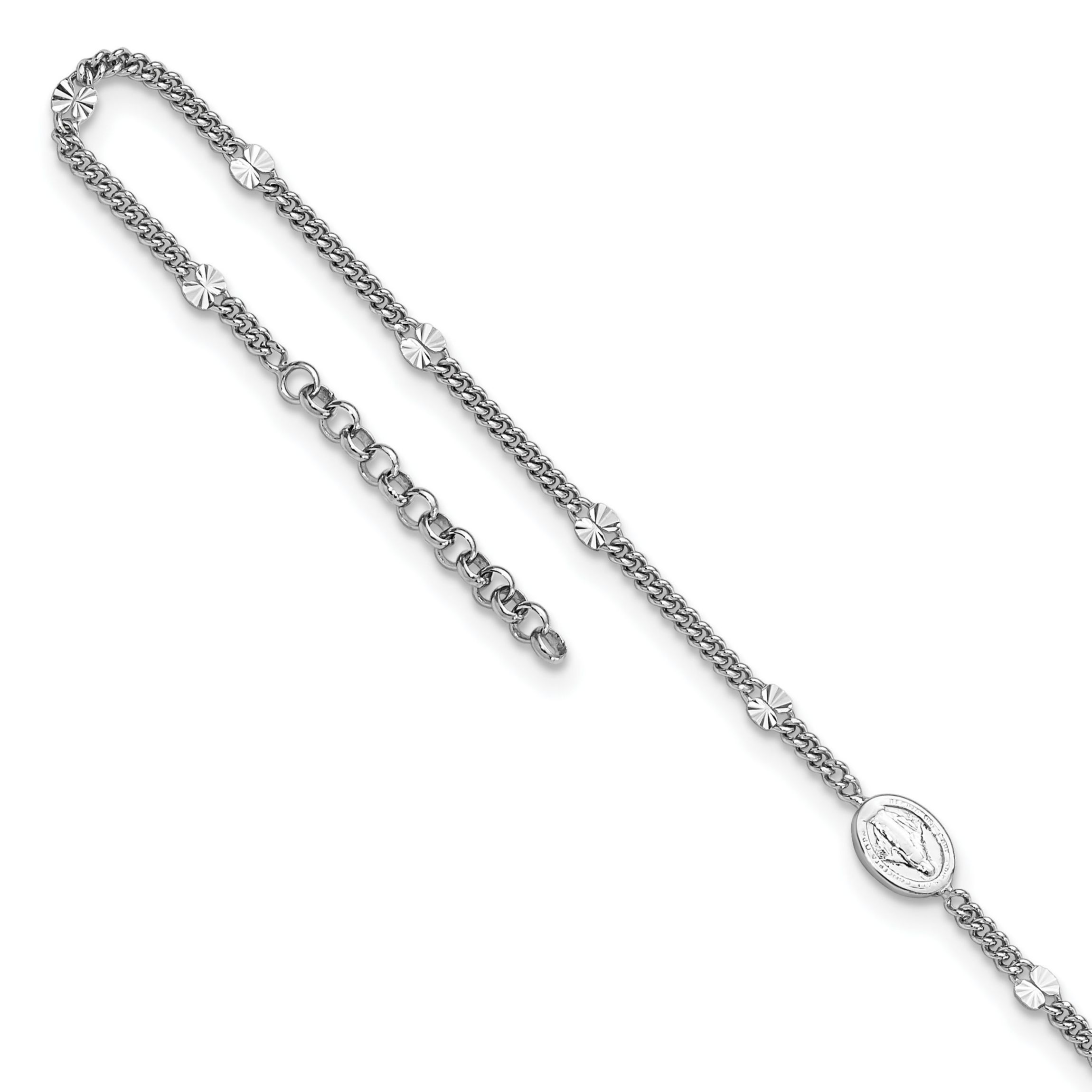 Sterling Silver Rhodium-plated Miraculous Medal 9-inch Plus 1-inch Extension Anklet