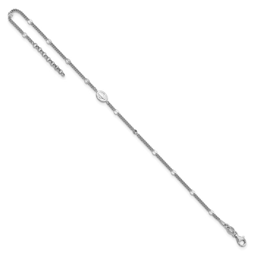 Sterling Silver Rhodium-plated Miraculous Medal 9-inch Plus 1-inch Extension Anklet