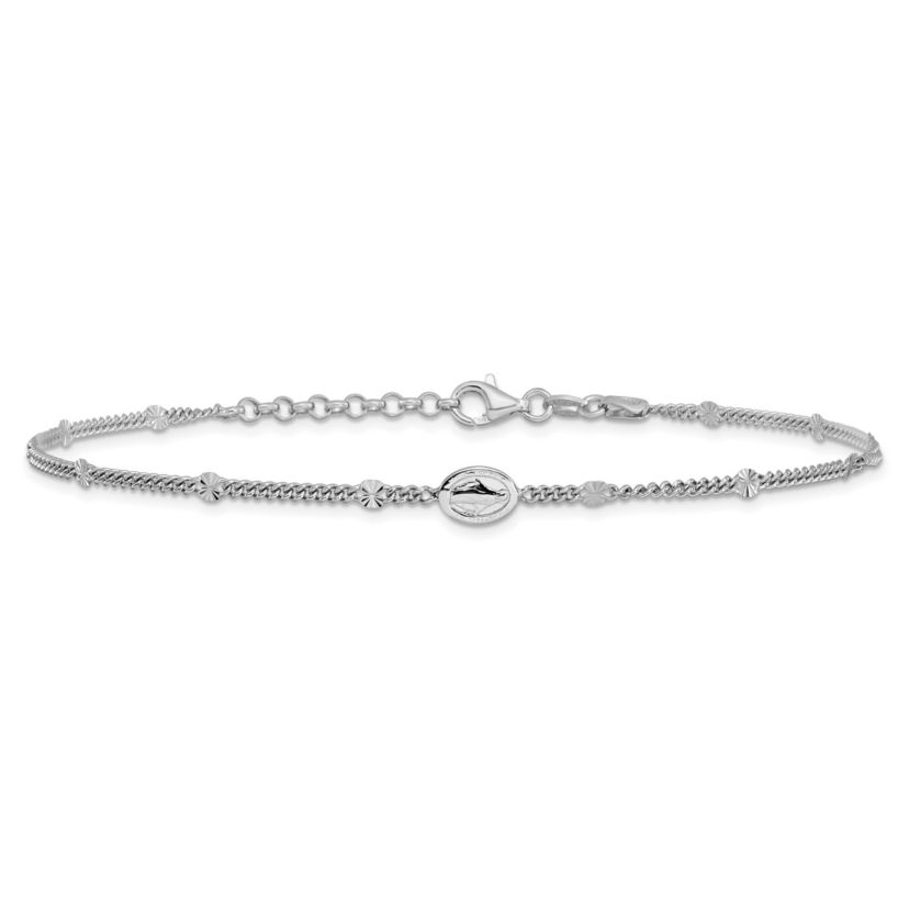 Sterling Silver Rhodium-plated Miraculous Medal 9-inch Plus 1-inch Extension Anklet