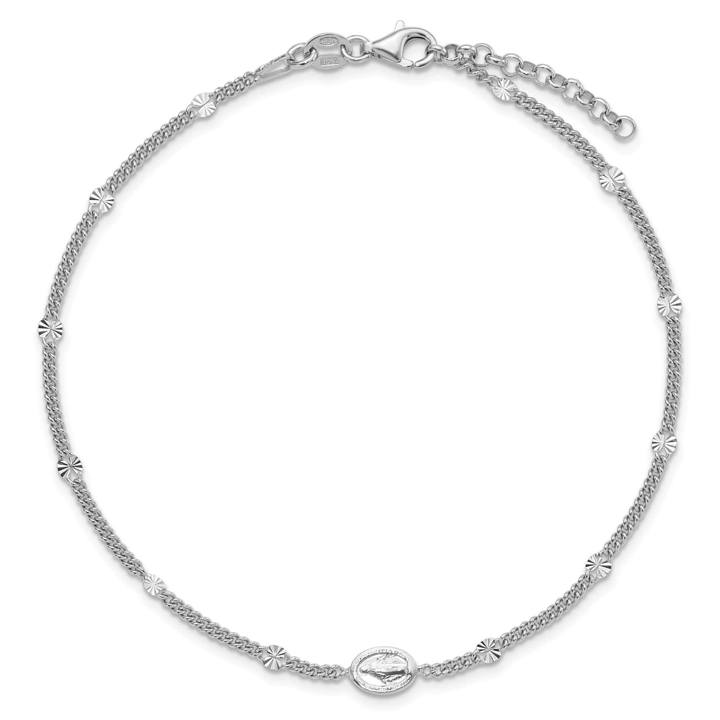 Sterling Silver Rhodium-plated Miraculous Medal 9-inch Plus 1-inch Extension Anklet