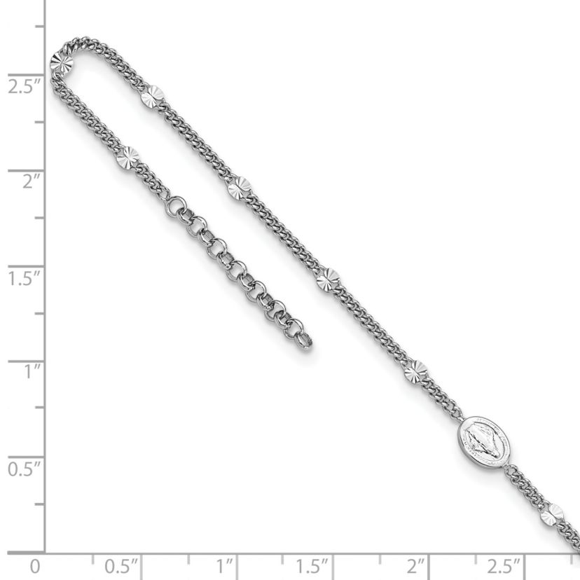 Sterling Silver Rhodium-plated Miraculous Medal 9-inch Plus 1-inch Extension Anklet
