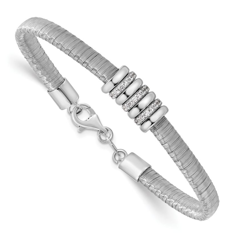 Sterling Silver Rhodium-plated Cubic Zirconia with 1-inch Safety Chain Flexible Bangle