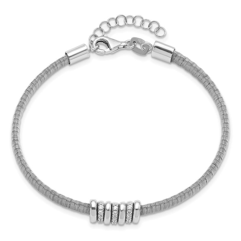 Sterling Silver Rhodium-plated Cubic Zirconia with 1-inch Safety Chain Flexible Bangle