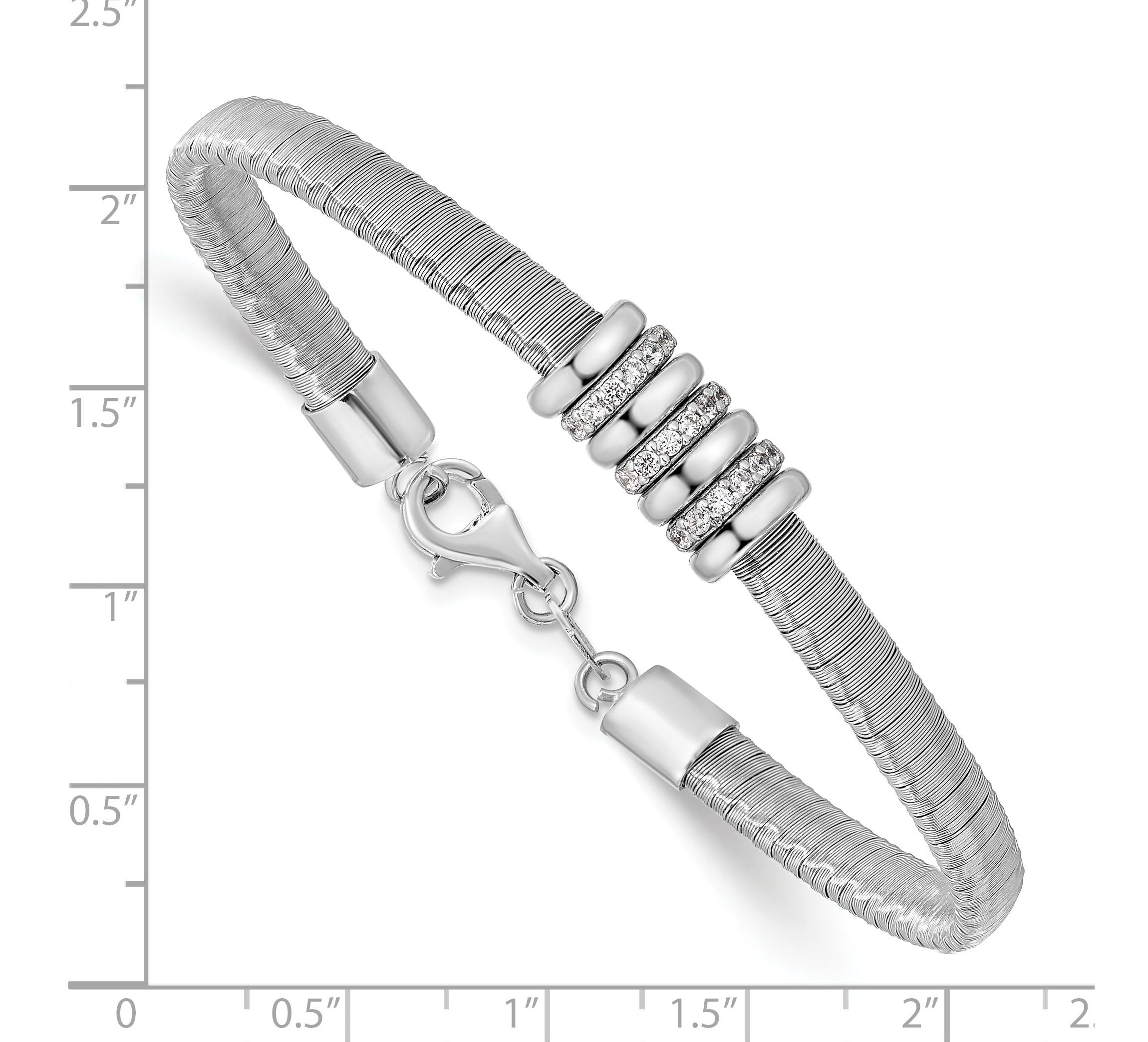 Sterling Silver Rhodium-plated Cubic Zirconia with 1-inch Safety Chain Flexible Bangle