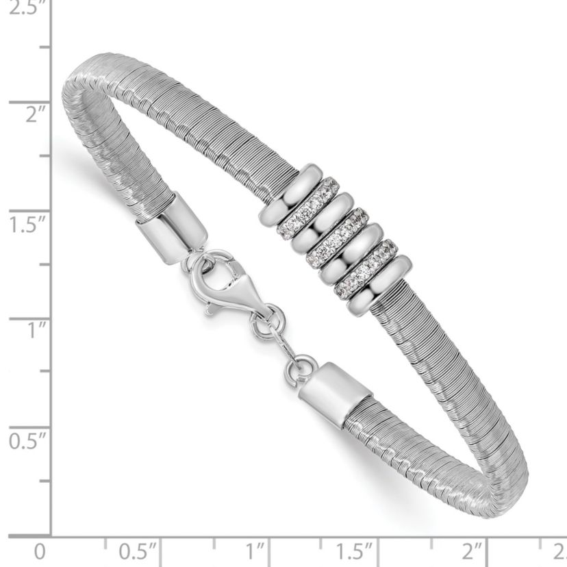 Sterling Silver Rhodium-plated Cubic Zirconia with 1-inch Safety Chain Flexible Bangle
