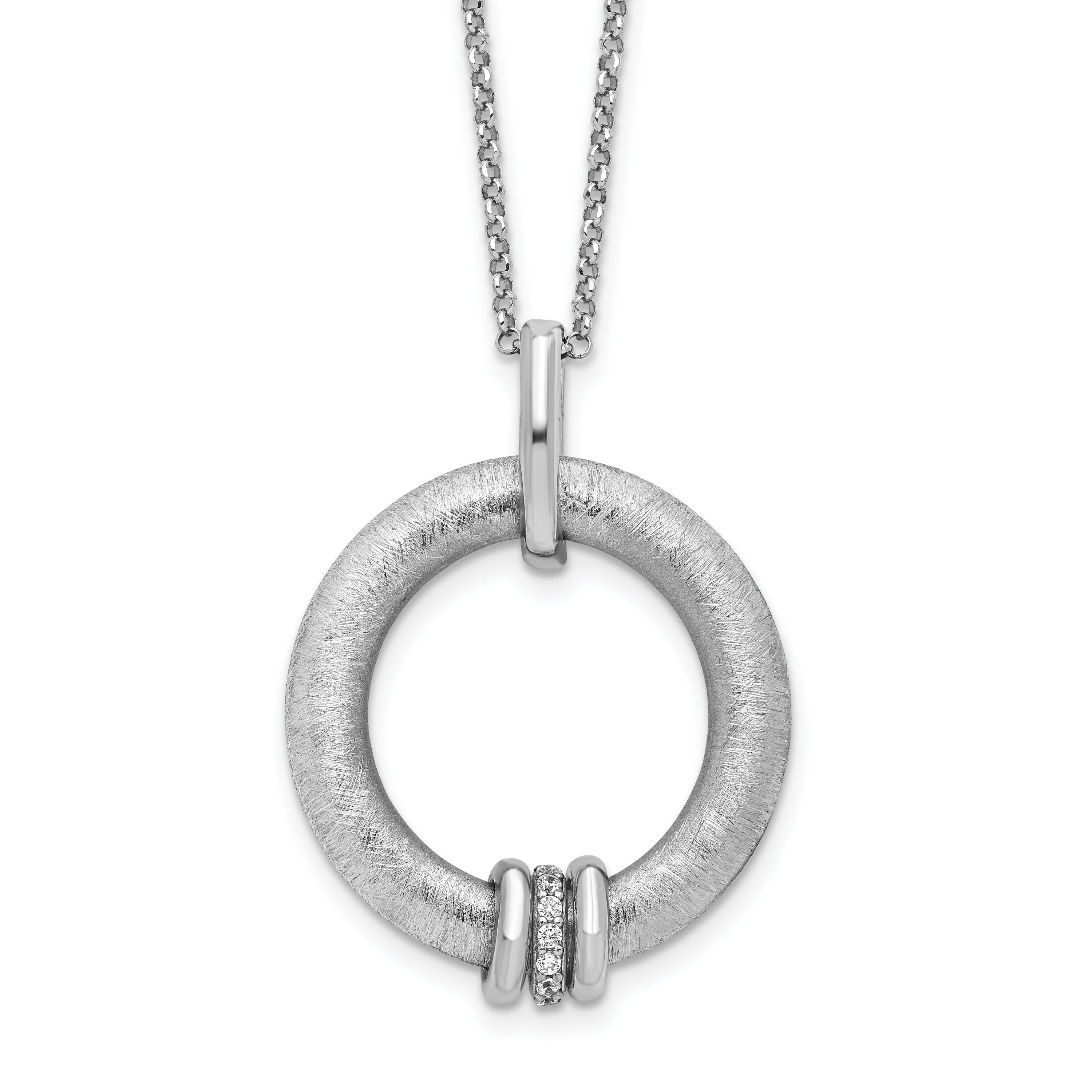 Sterling Silver Rhodium-plated Polished and Brushed Cubic Zirconia with 2-inch Extension Necklace