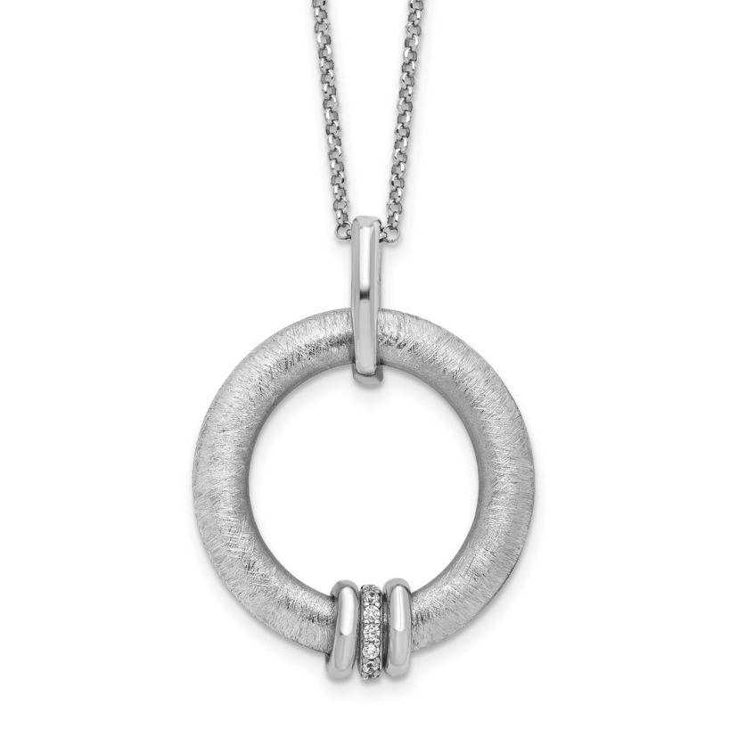 Sterling Silver Rhodium-plated Polished and Brushed Cubic Zirconia with 2-inch Extension Necklace