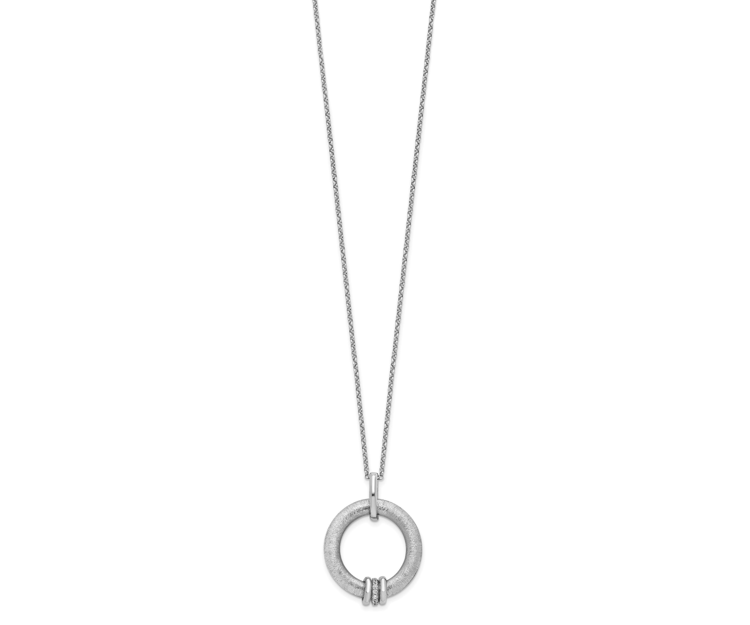 Sterling Silver Rhodium-plated Polished and Brushed Cubic Zirconia with 2-inch Extension Necklace