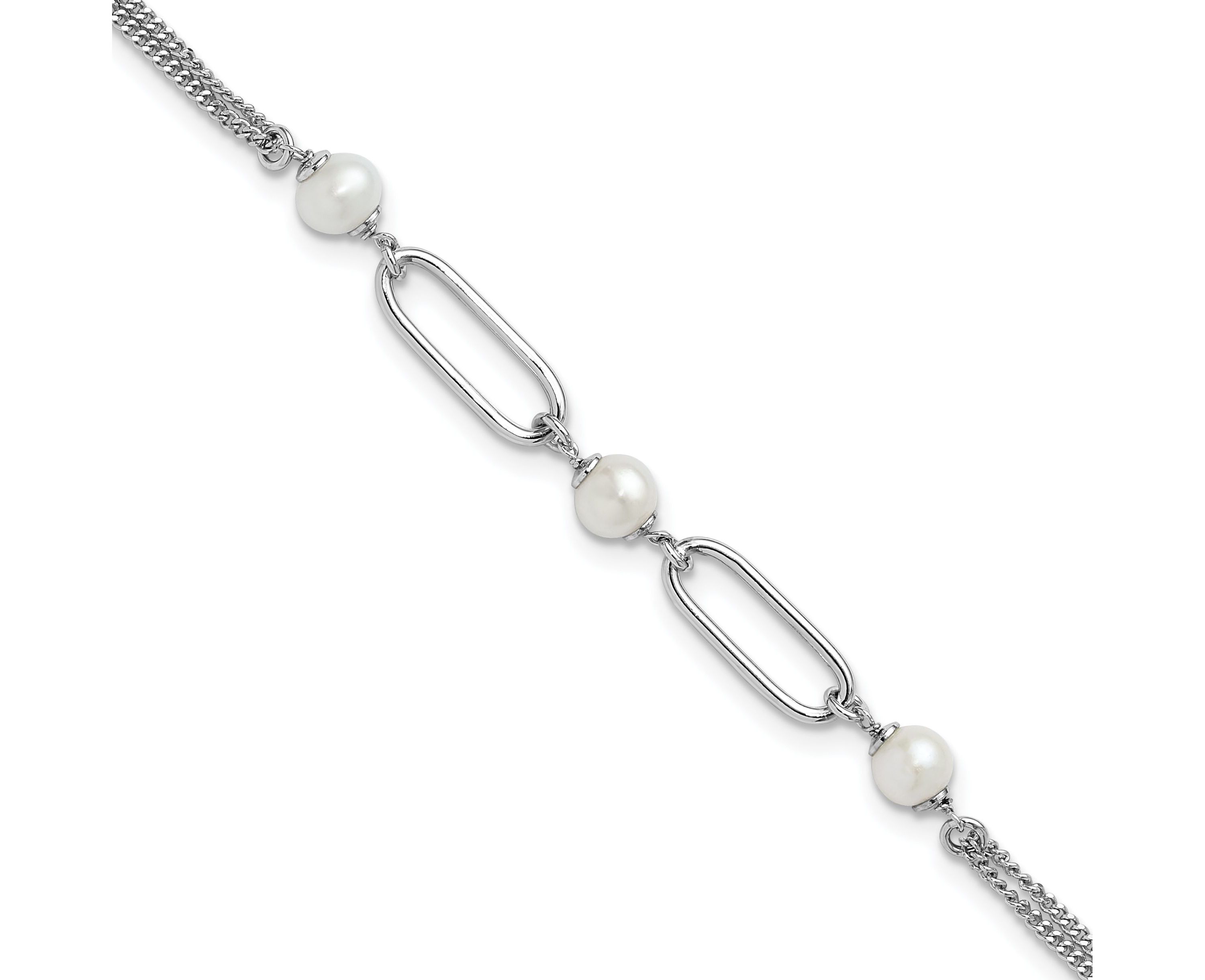 Sterling Silver Rhodium-plated Polished Freshwater Cultured Pearls with 2 Inch Extension Bracelet