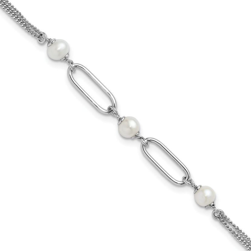 Sterling Silver Rhodium-plated Polished Freshwater Cultured Pearls with 2 Inch Extension Bracelet
