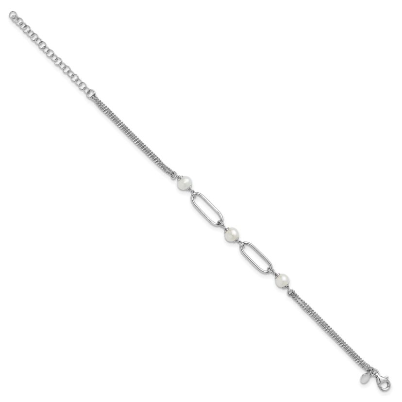 Sterling Silver Rhodium-plated Polished Freshwater Cultured Pearls with 2 Inch Extension Bracelet