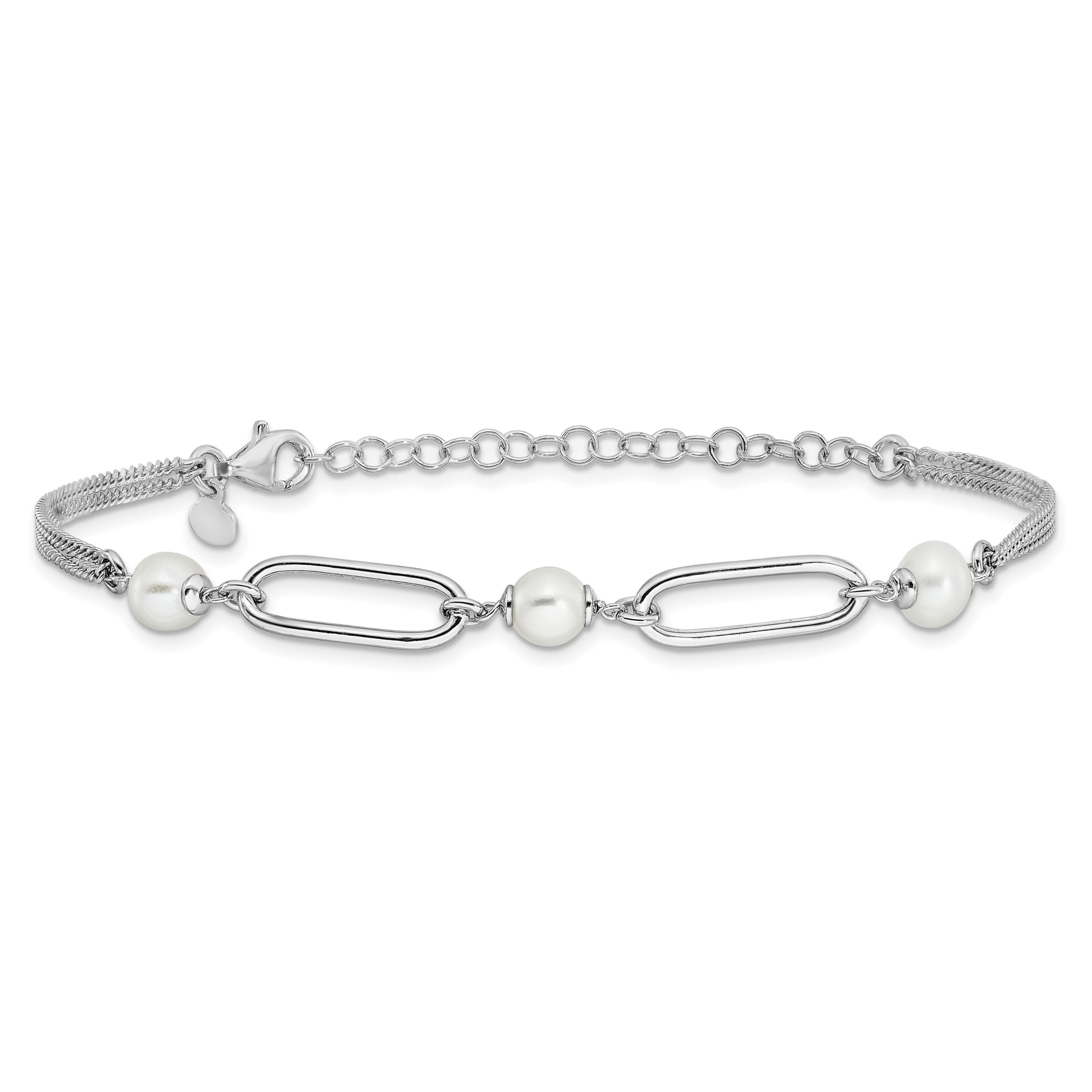 Sterling Silver Rhodium-plated Polished Freshwater Cultured Pearls with 2 Inch Extension Bracelet