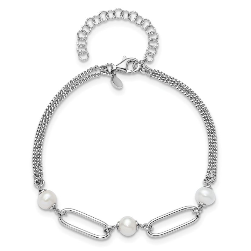 Sterling Silver Rhodium-plated Polished Freshwater Cultured Pearls with 2 Inch Extension Bracelet