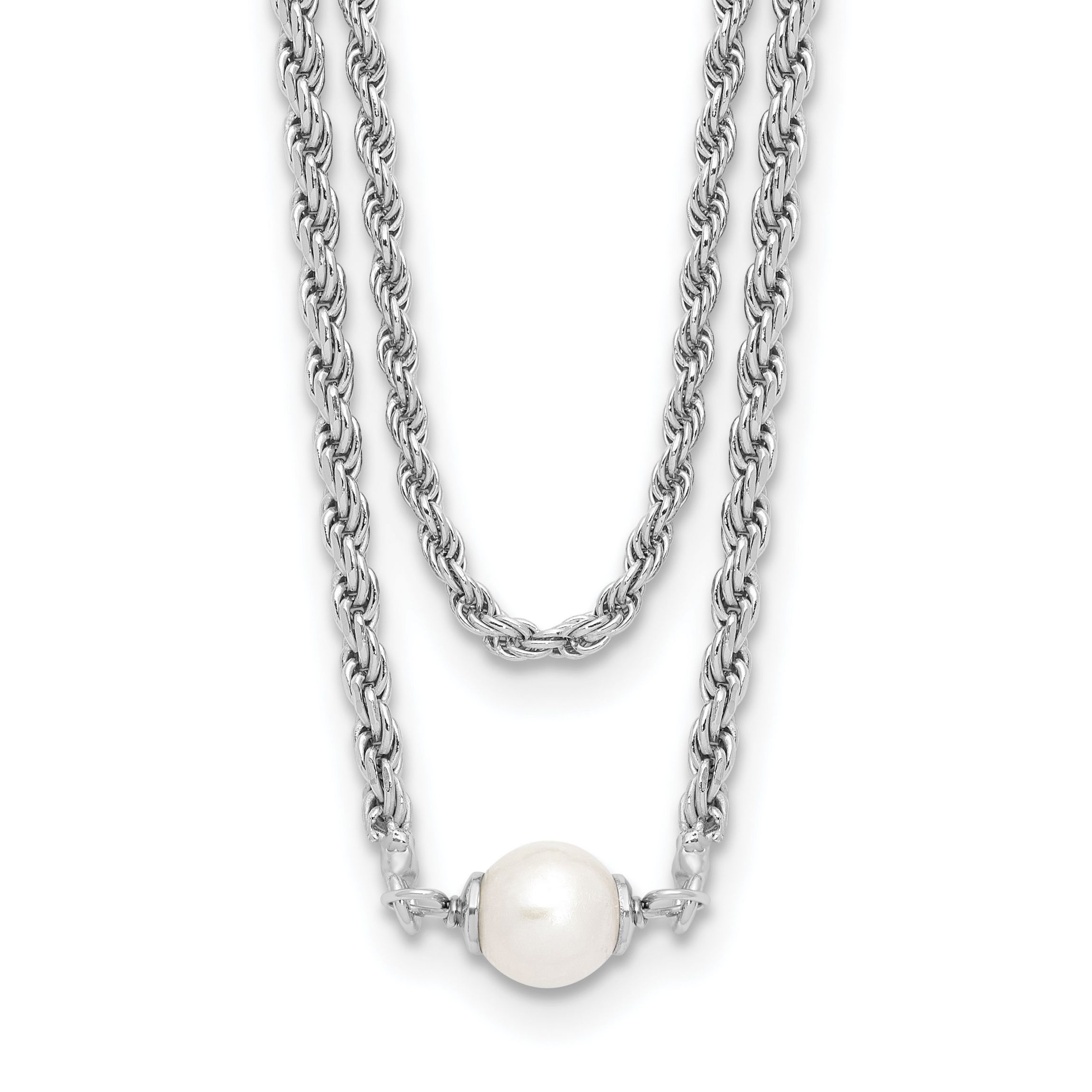 Sterling Silver Rhodium-plated Polish 2-strand Freshwater Cultured Pearl with 2-inch Extension Necklace