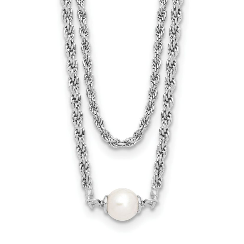 Sterling Silver Rhodium-plated Polish 2-strand Freshwater Cultured Pearl with 2-inch Extension Necklace