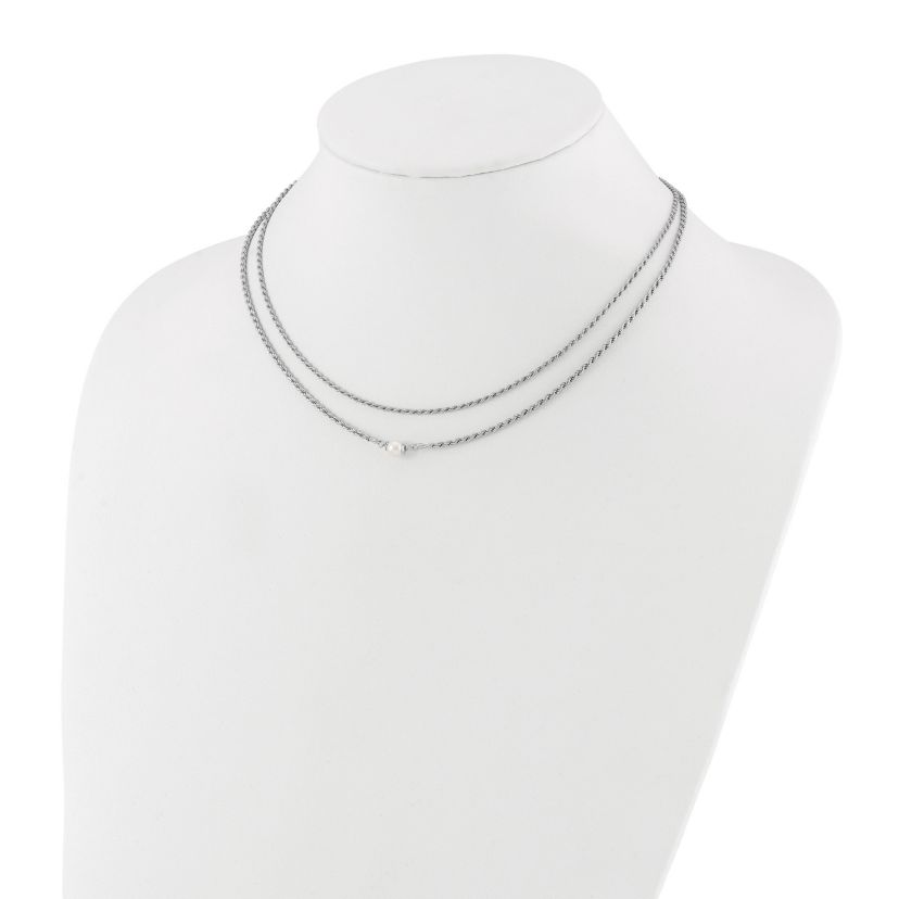 Sterling Silver Rhodium-plated Polish 2-strand Freshwater Cultured Pearl with 2-inch Extension Necklace