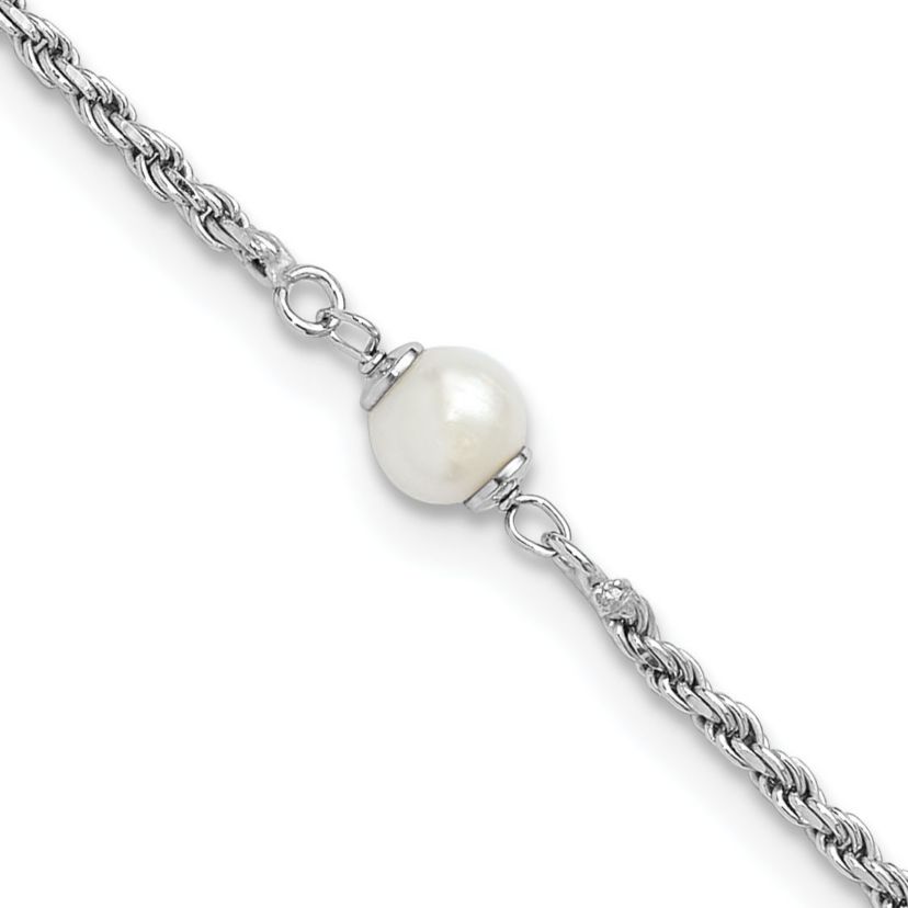 Sterling Silver Rhodium-plated Polished Freshwater Cultured Pearl with 2 Inch Extension Bracelet