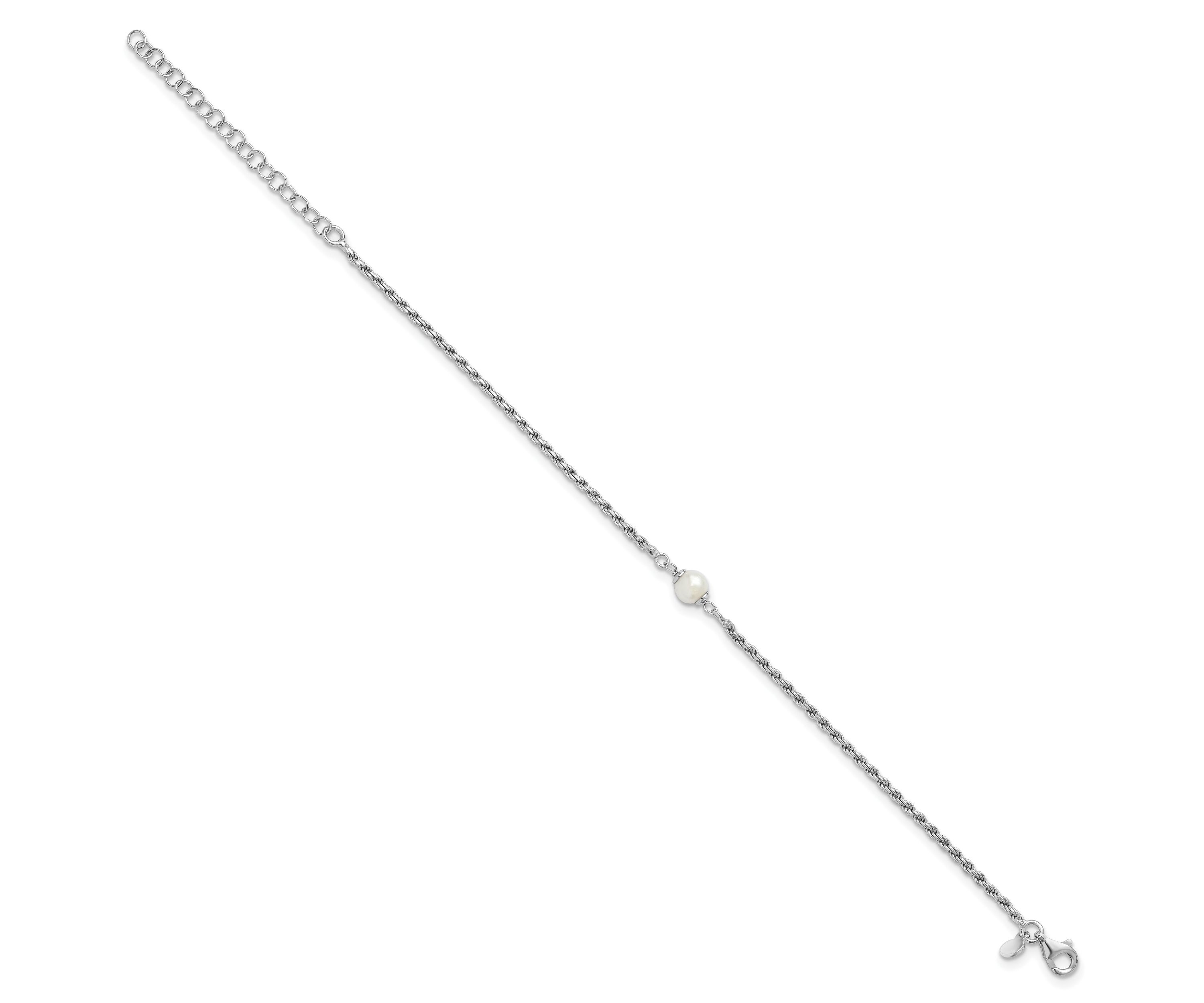 Sterling Silver Rhodium-plated Polished Freshwater Cultured Pearl with 2 Inch Extension Bracelet
