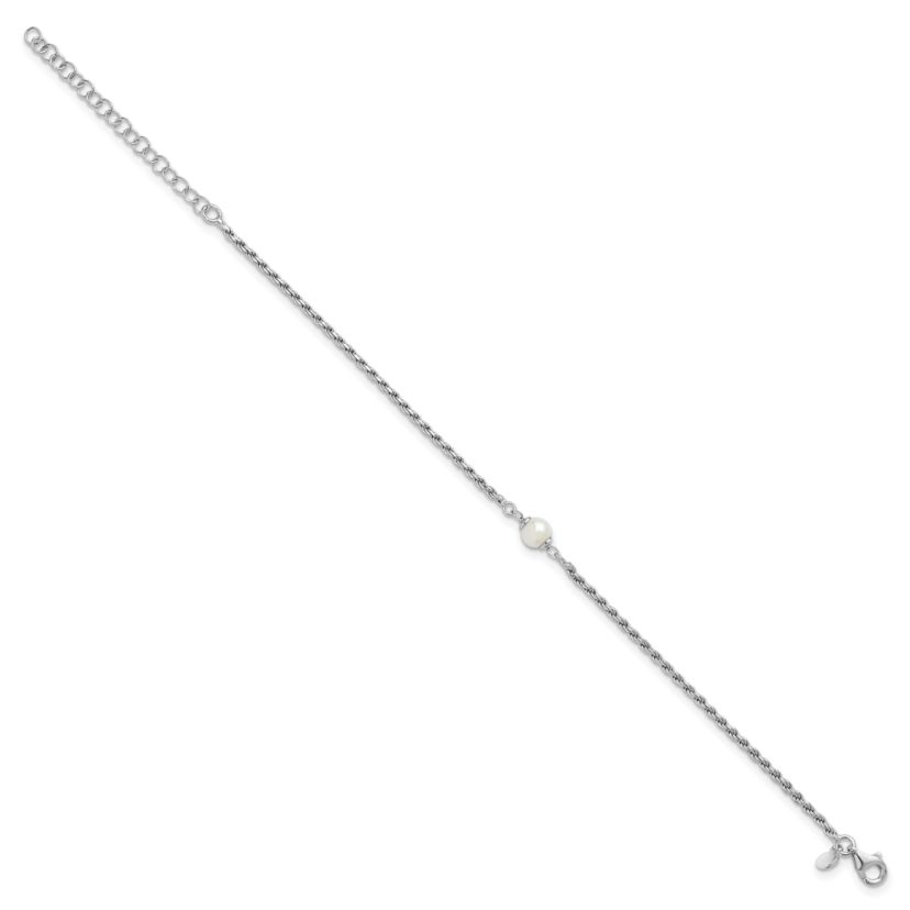 Sterling Silver Rhodium-plated Polished Freshwater Cultured Pearl with 2 Inch Extension Bracelet