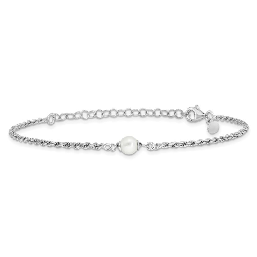 Sterling Silver Rhodium-plated Polished Freshwater Cultured Pearl with 2 Inch Extension Bracelet