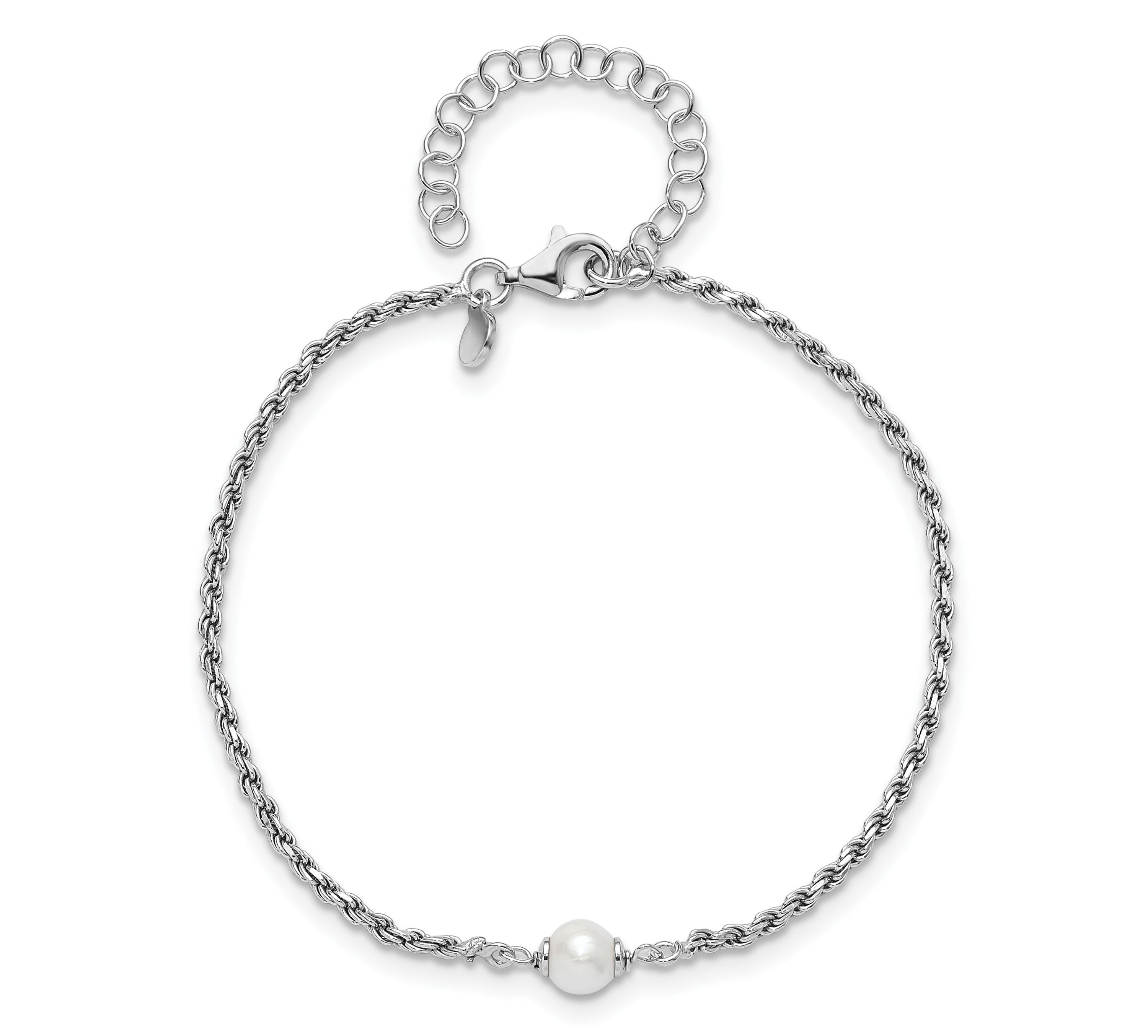 Sterling Silver Rhodium-plated Polished Freshwater Cultured Pearl with 2 Inch Extension Bracelet