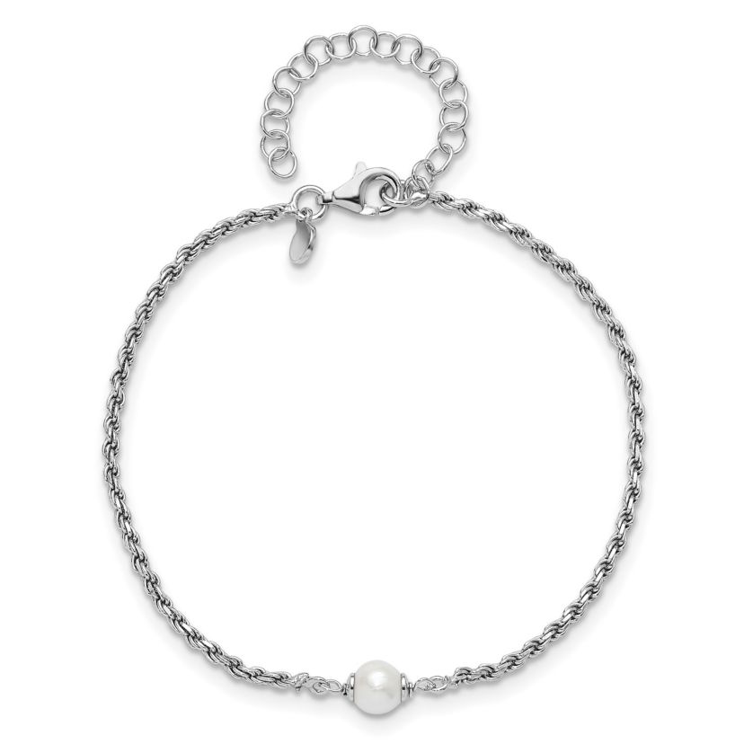 Sterling Silver Rhodium-plated Polished Freshwater Cultured Pearl with 2 Inch Extension Bracelet