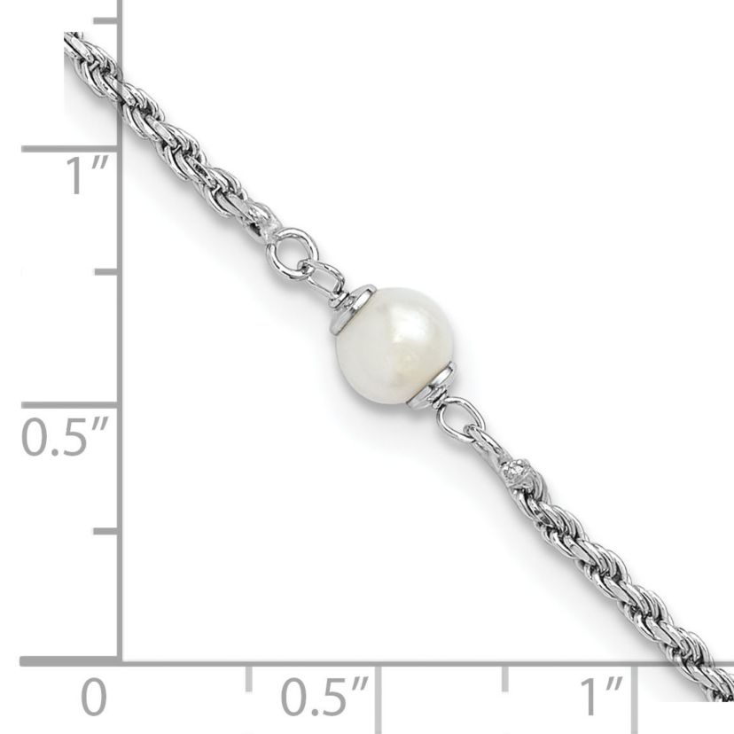Sterling Silver Rhodium-plated Polished Freshwater Cultured Pearl with 2 Inch Extension Bracelet