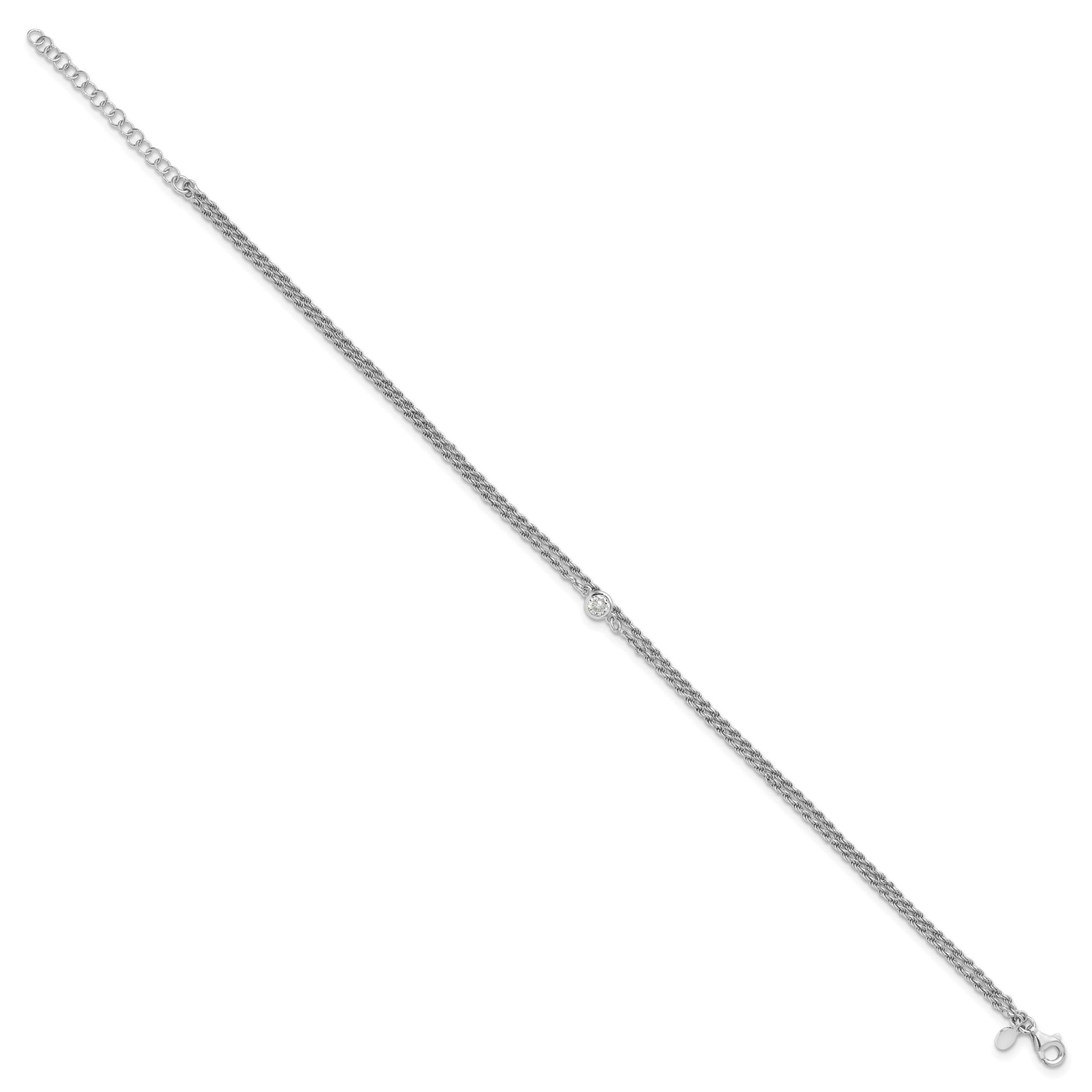 Sterling Silver Rhodium-plated Polished Cubic Zirconia 2-Strand 9 in Plus 1.5 Inch Extension Anklet