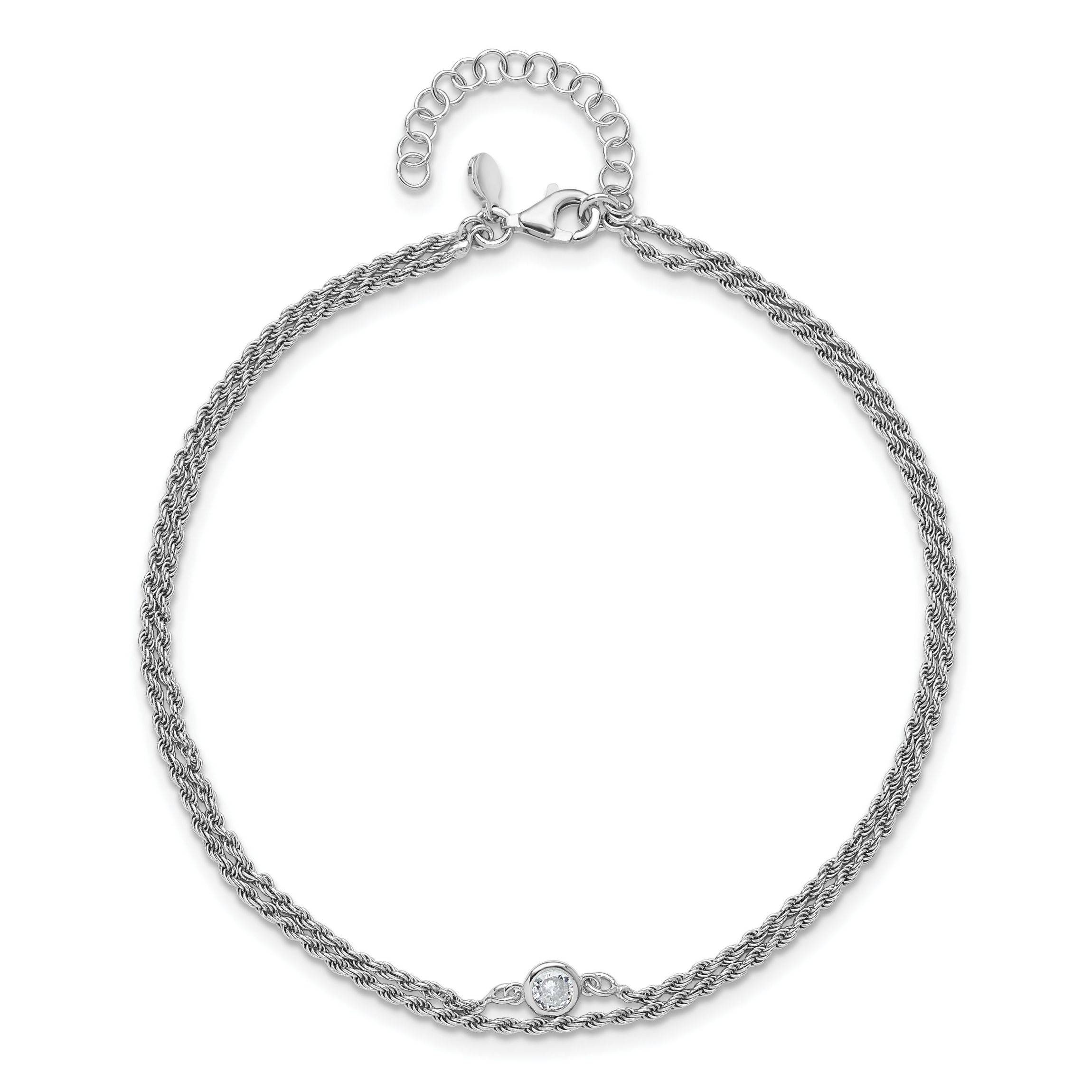 Sterling Silver Rhodium-plated Polished Cubic Zirconia 2-Strand 9 in Plus 1.5 Inch Extension Anklet