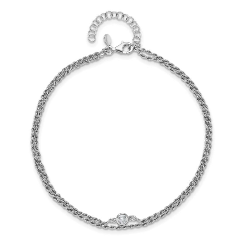 Sterling Silver Rhodium-plated Polished Cubic Zirconia 2-Strand 9 in Plus 1.5 Inch Extension Anklet