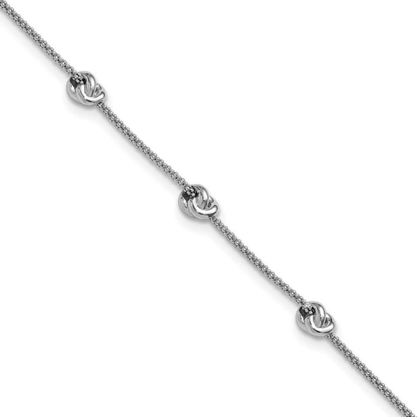 Sterling Silver Rhodium-plated Polished Love Knot with 1" Extender Bracelet