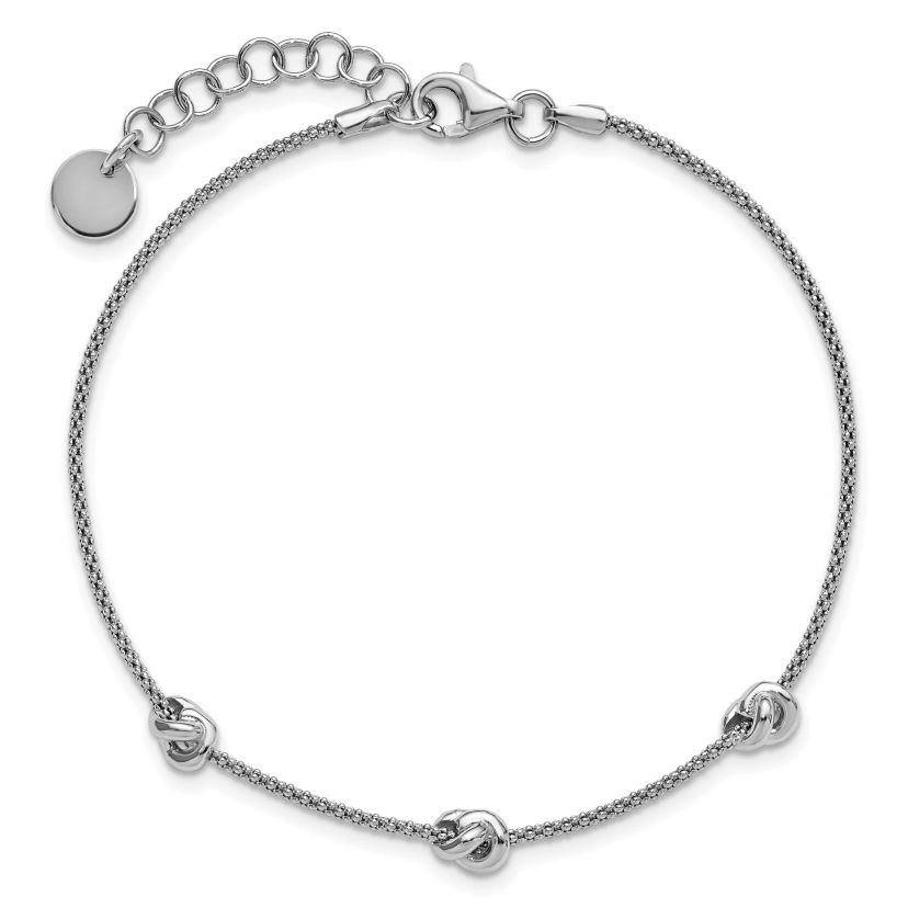 Sterling Silver Rhodium-plated Polished Love Knot with 1" Extender Bracelet