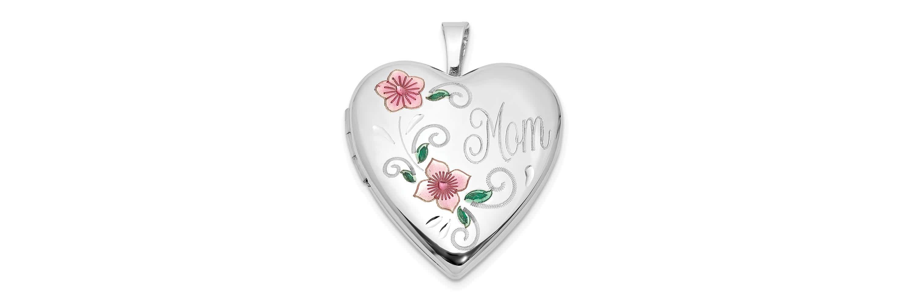 Sterling Silver Rhodium-plated Epoxy 20mm Floral Mom Heart Locket