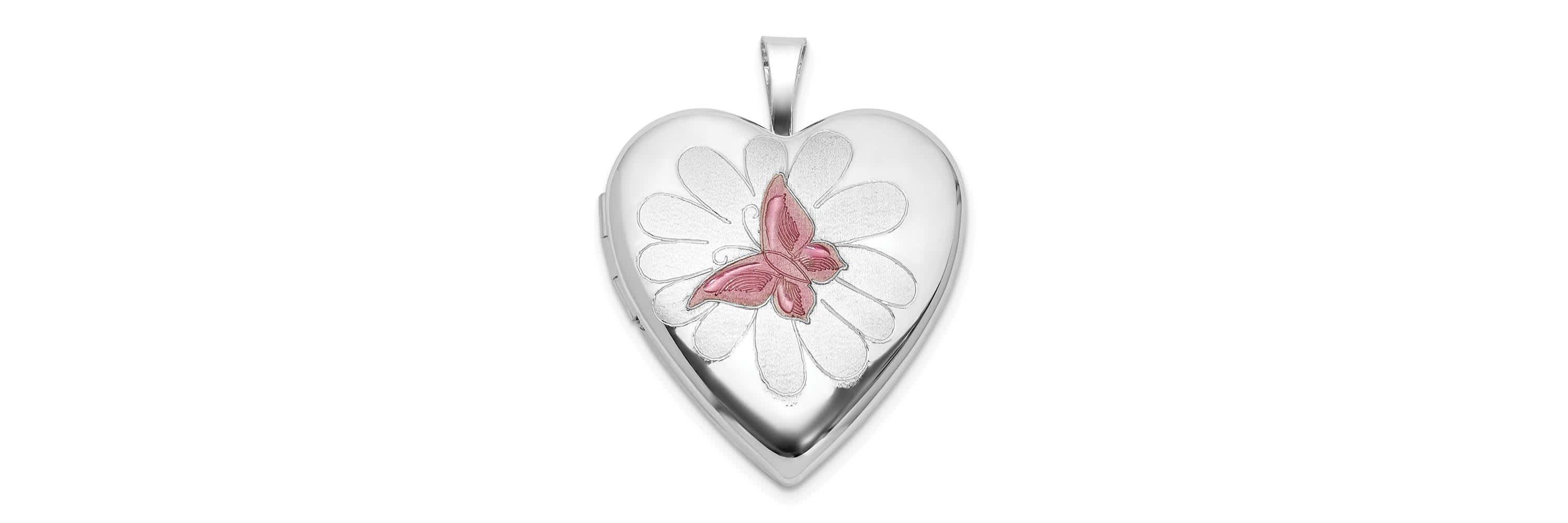 Sterling Silver Rhodium-plated Polished and Satin Epoxy 20mm Butterfly Heart Locket
