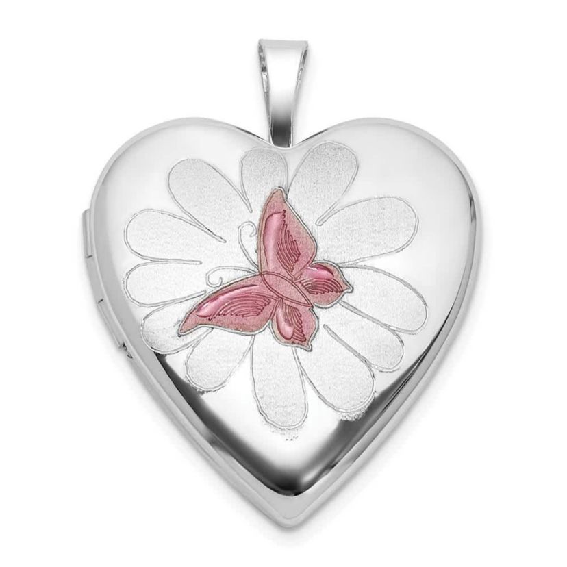 Sterling Silver Rhodium-plated Polished and Satin Epoxy 20mm Butterfly Heart Locket