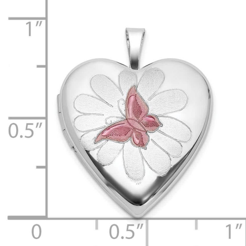 Sterling Silver Rhodium-plated Polished and Satin Epoxy 20mm Butterfly Heart Locket