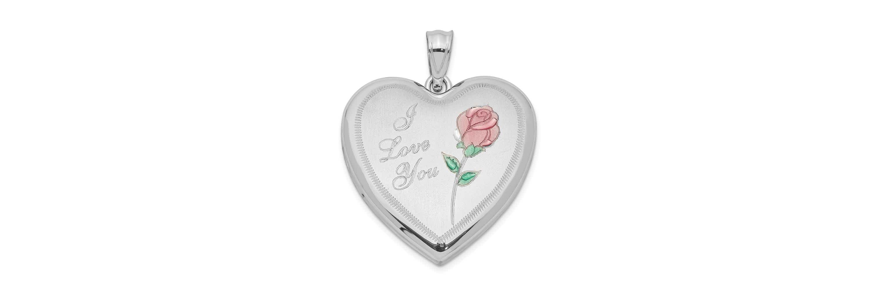 Sterling Silver Rhodium-plated 24mm Enameled Rose Heart Locket
