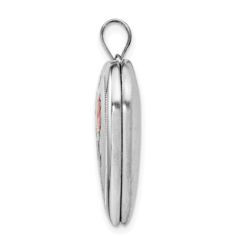 Sterling Silver Rhodium-plated 24mm Enameled Rose Heart Locket
