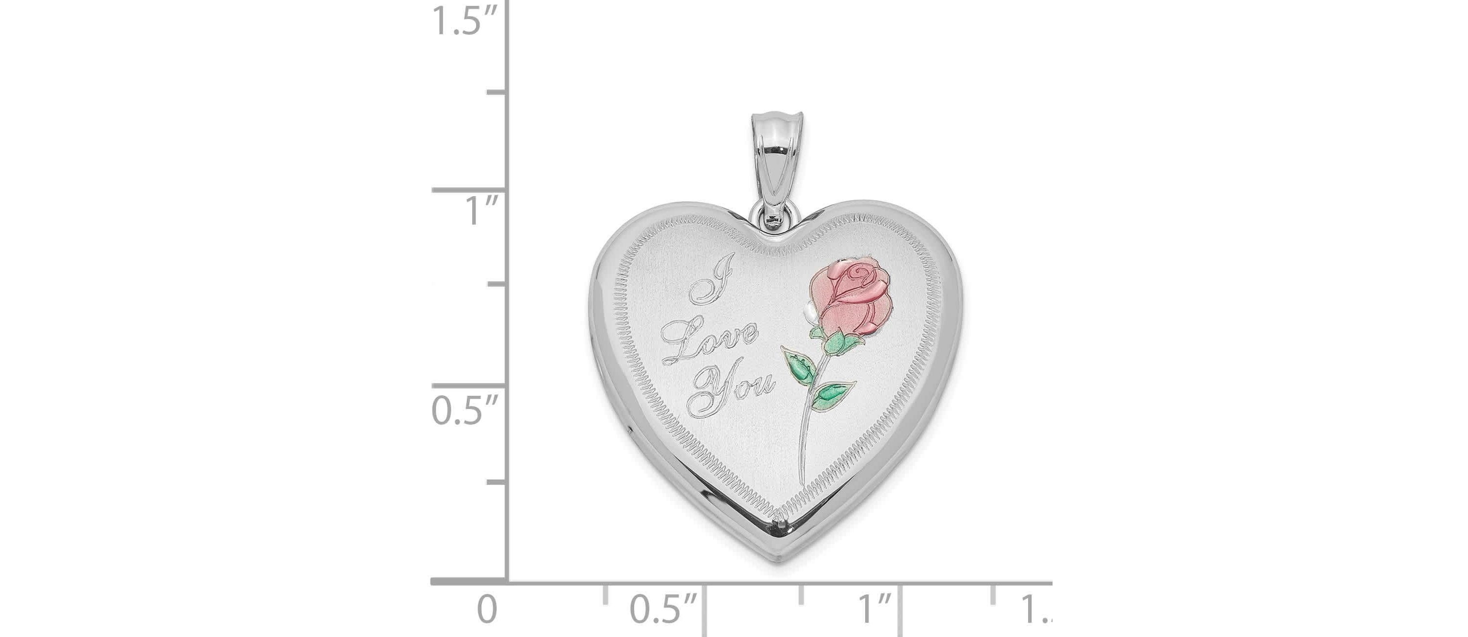 Sterling Silver Rhodium-plated 24mm Enameled Rose Heart Locket