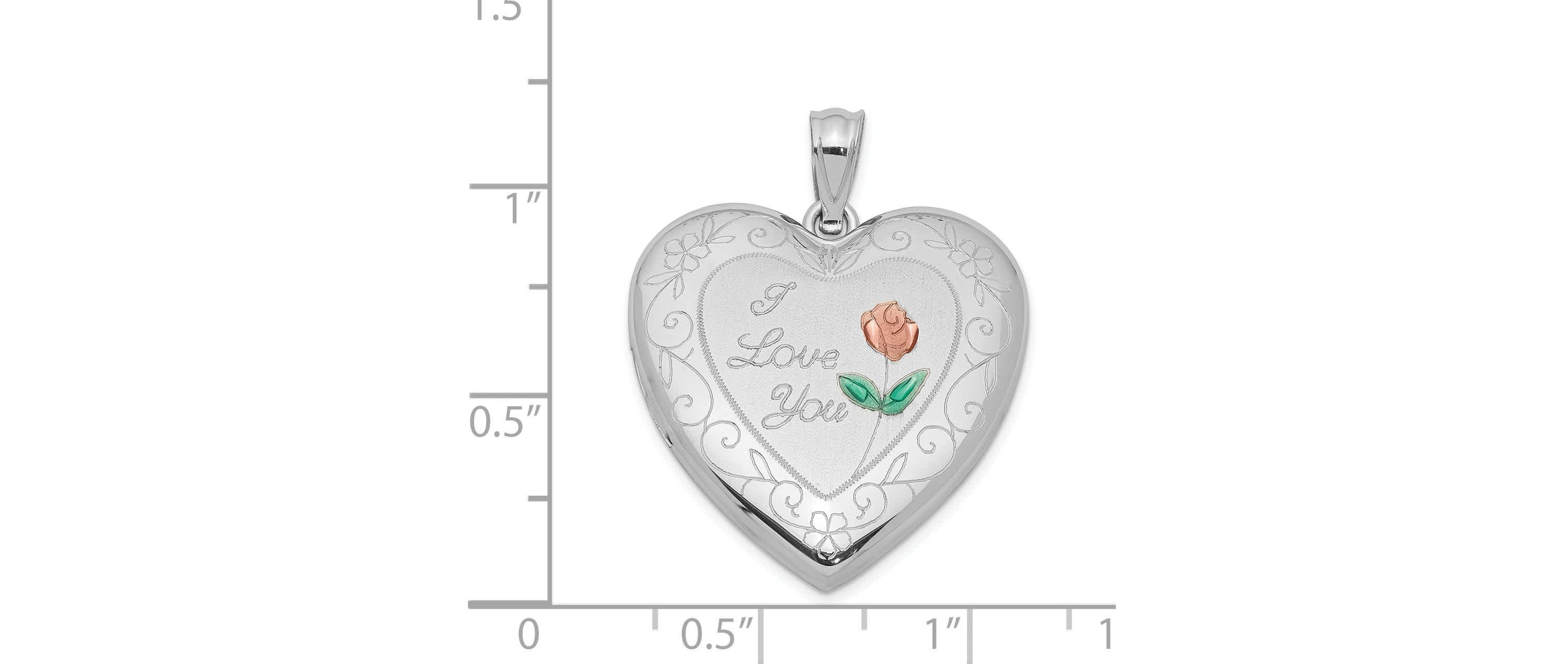 Sterling Silver Rhodium-plated 24mm Enameled Rose with Border Heart Locket
