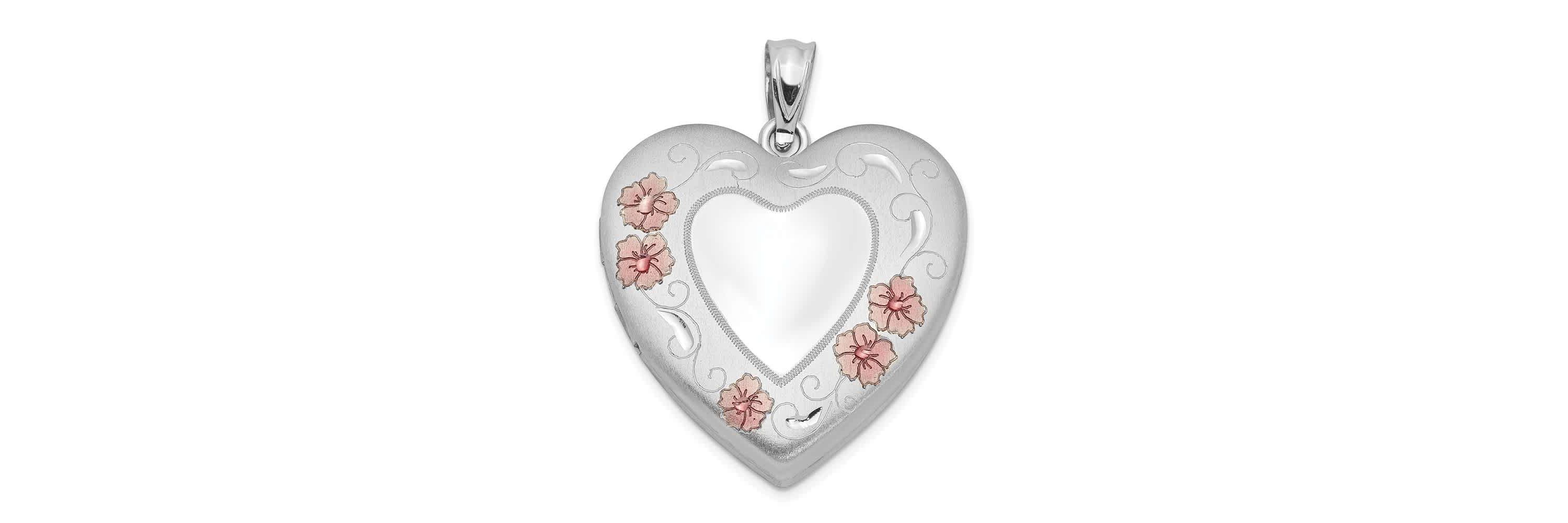 Sterling Silver Rhodium-plated 24mm Enameled Floral Border Heart Locket