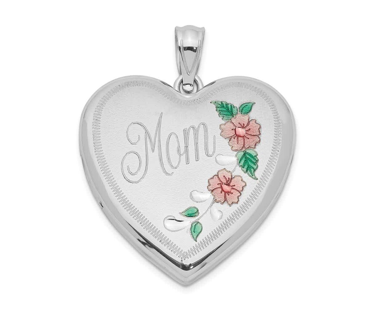 Sterling Silver Rhodium-plated 24mm Enameled Floral Mom Heart Locket